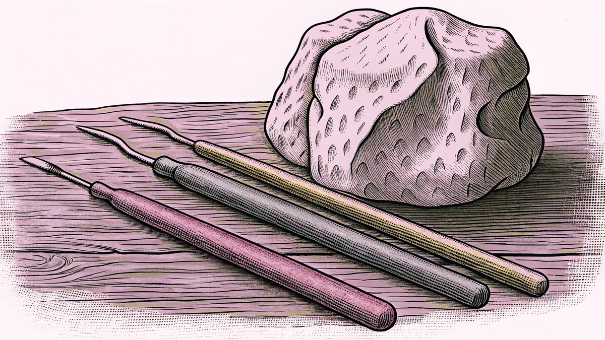 A worked lump of modelling clay beside three small sculpting picks on a wooden surface.