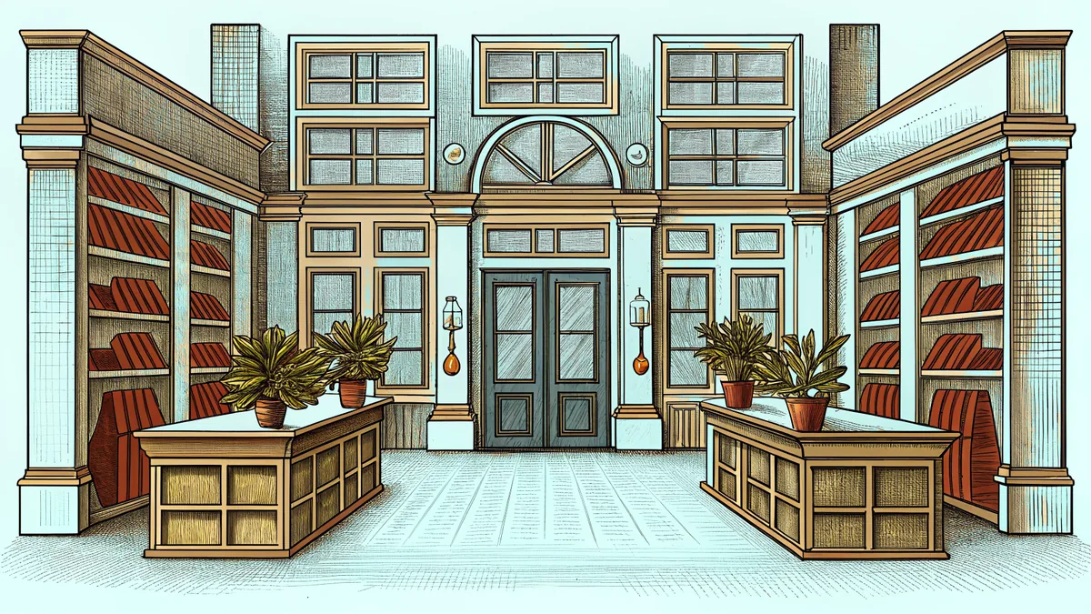 Retail store interior showing cashier, product shelves, and department displays.