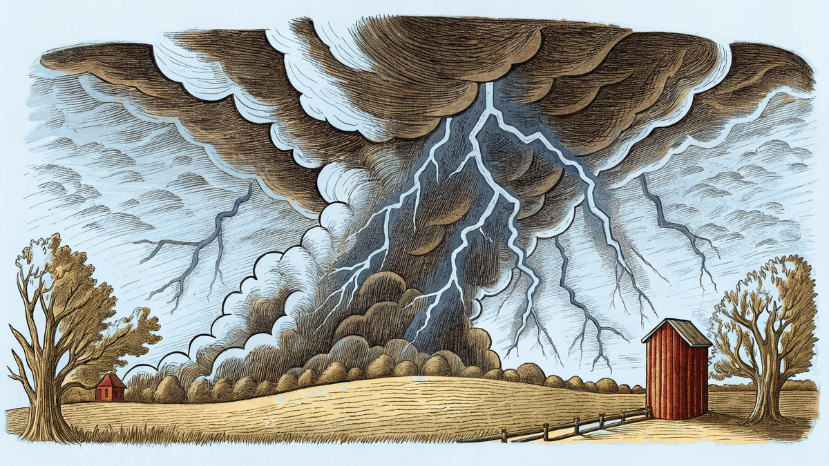 Dark storm clouds gather above a landscape with lightning splitting the sky in two.