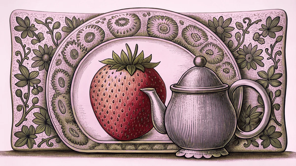 A ripe strawberry and a small tin teapot on an ornate floral plate.