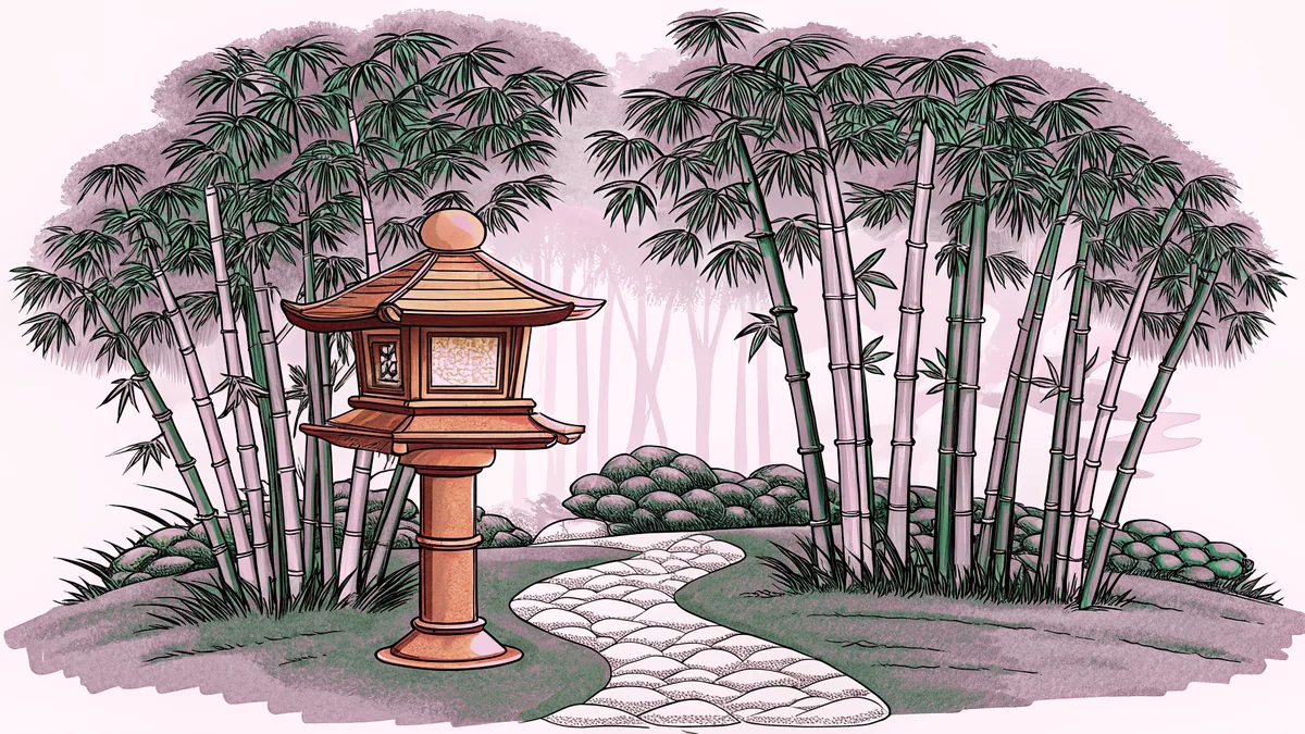 A serene Japanese garden features a red lantern, bamboo grove, and stone path.