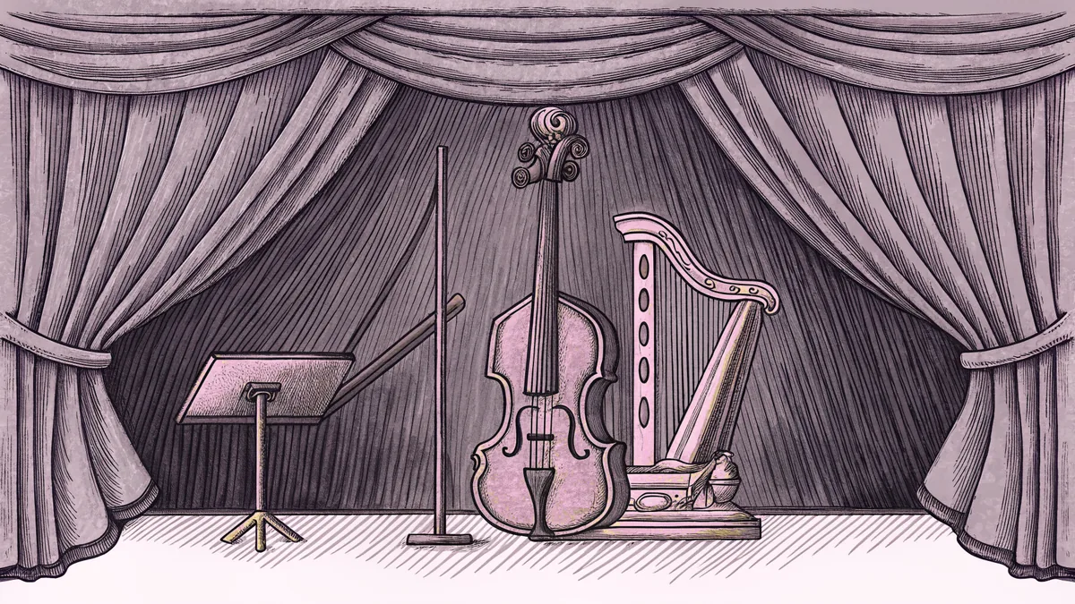 A wooden violin and ornate harp are crossed on a concert stage beside a brass music stand.