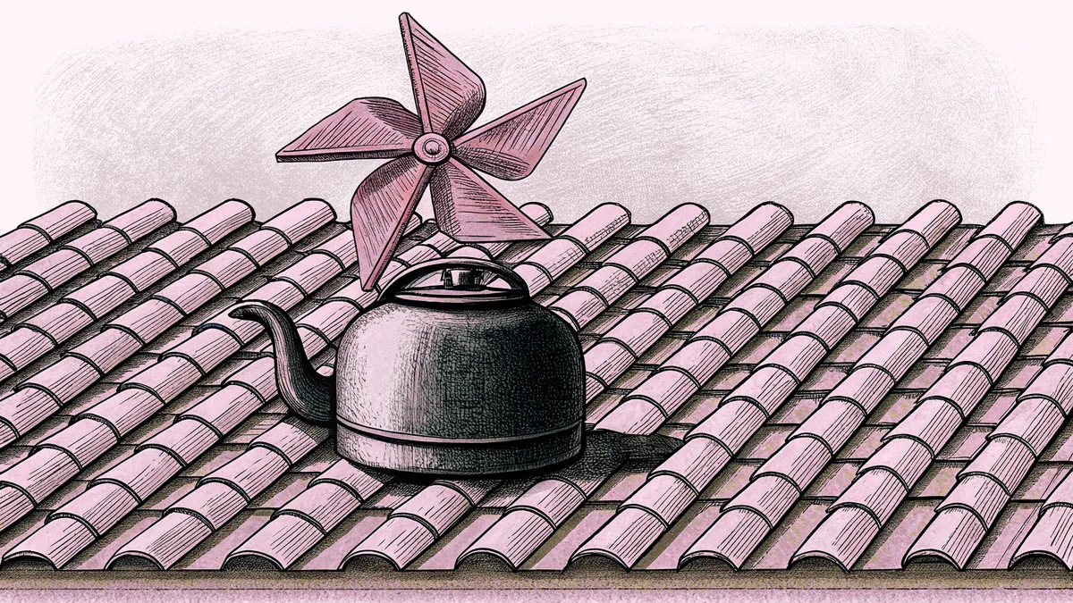 A soot-blackened kettle and a small paper windmill on a sloping roof of clay tiles.