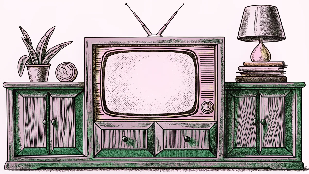 A wooden-cased television with rabbit-ear aerial standing on a sideboard.