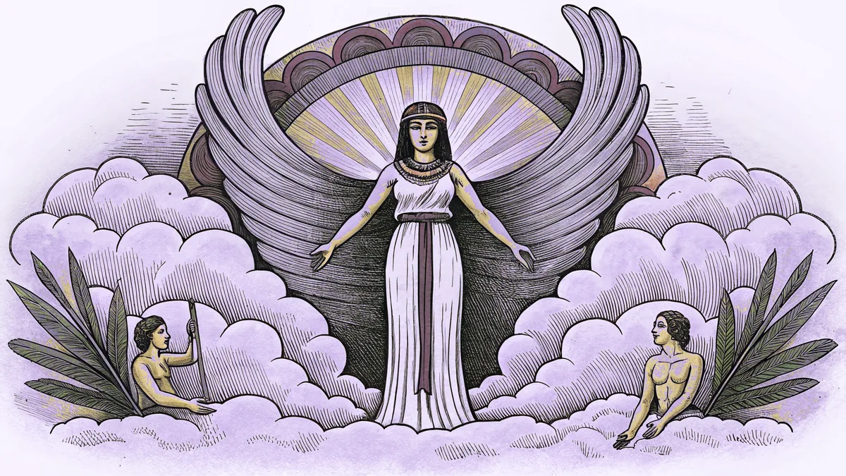 Sumerian deities in an ancient temple setting with celestial bodies and cosmic elements.