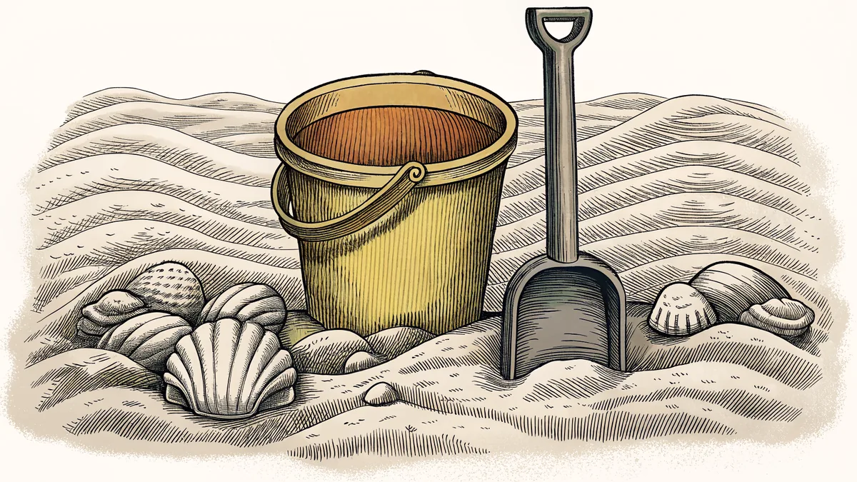A sunny beach scene with rolling waves, sand, a bucket, and seashells.