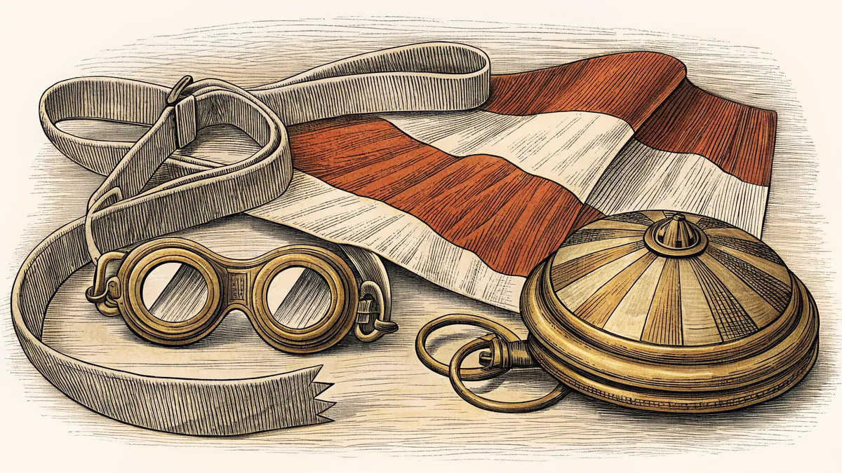 A pair of swim goggles beside a ridged gold bell and a length of striped ribbon.