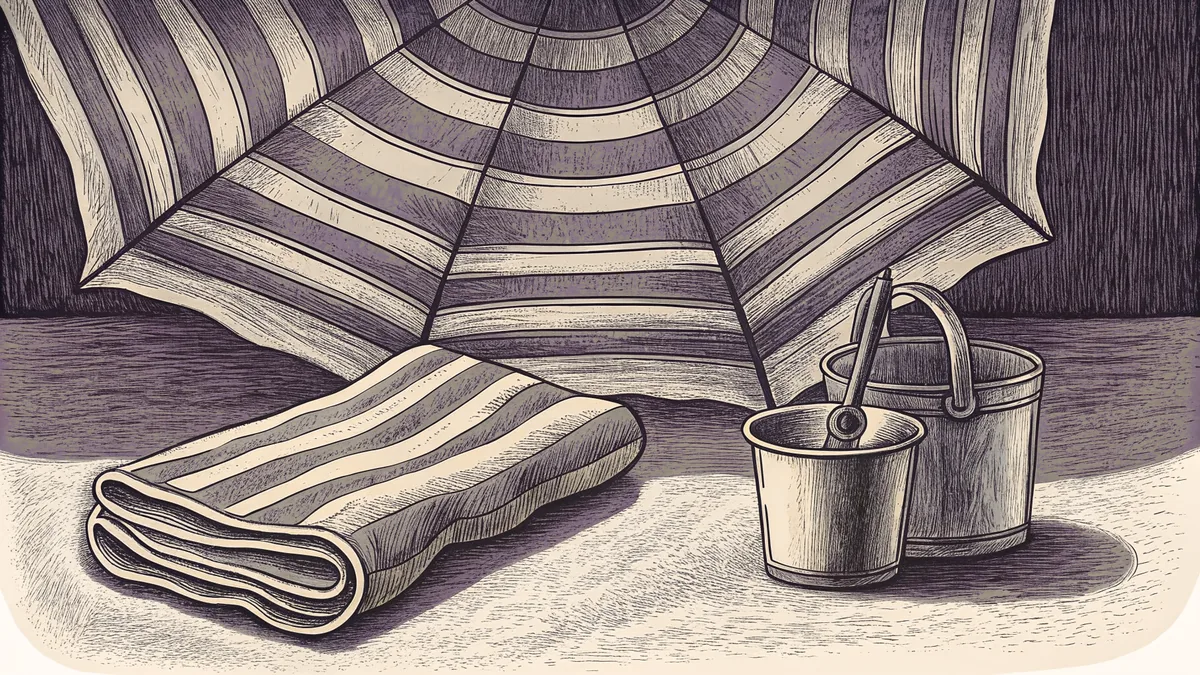 A striped beach umbrella with a folded towel and bucket on the sand.
