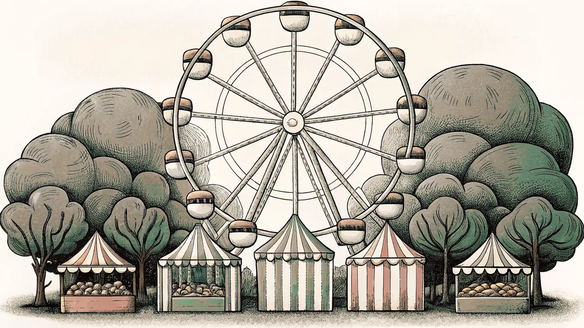 A ferris wheel spins above a vibrant carnival with balloons and cotton candy.