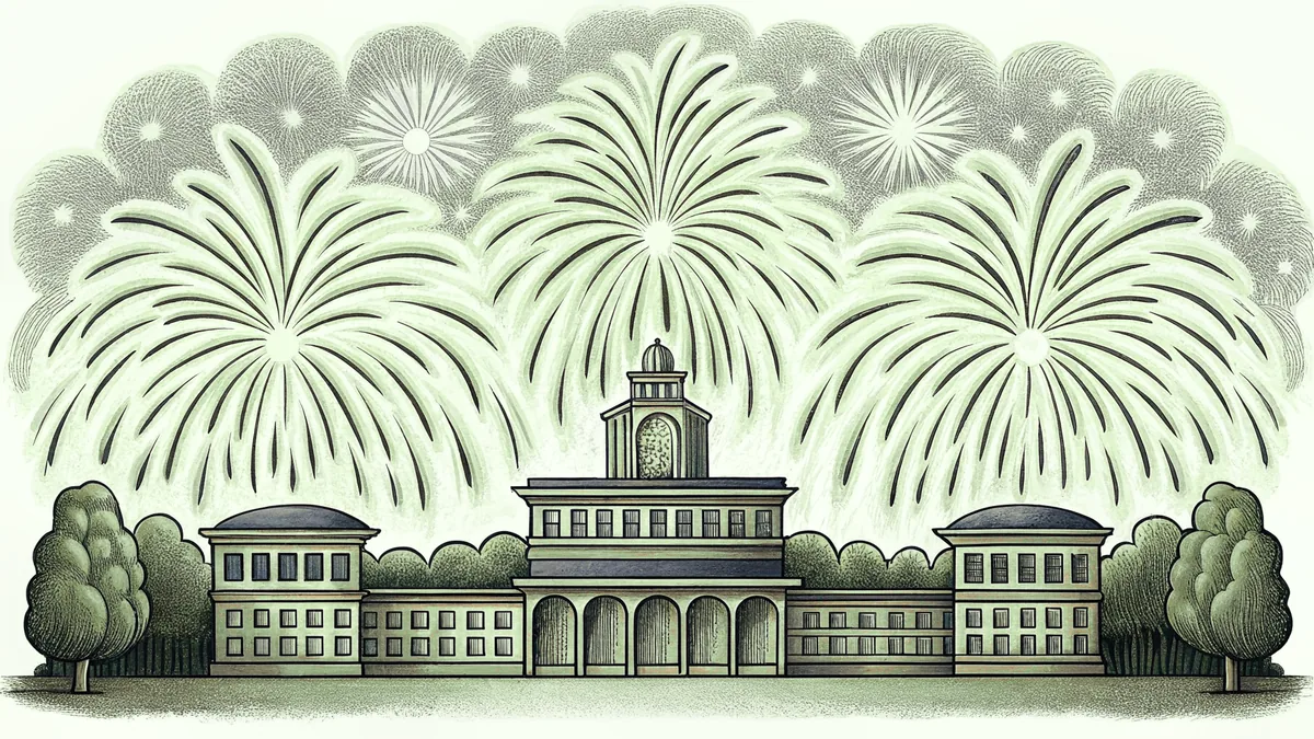 Fireworks lighting up the night sky with a crowd watching below.