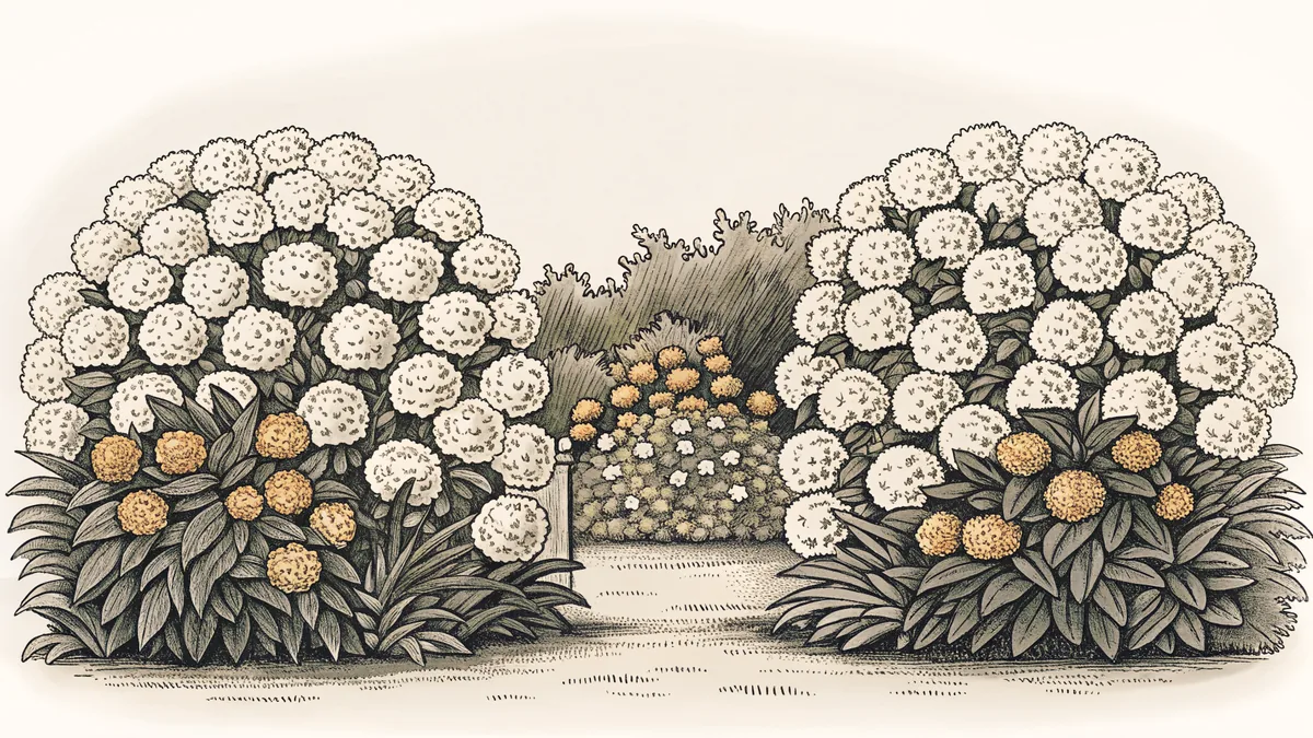 A colorful garden bed overflowing with hydrangeas, carnations, and yellow marigolds in bloom.