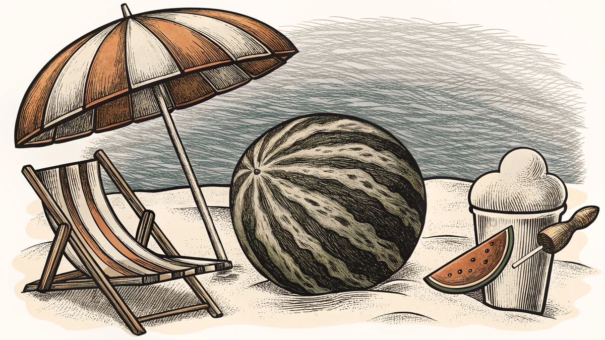 Summer beach scene with a surfboard, ice cream, watermelon, and sunny skies