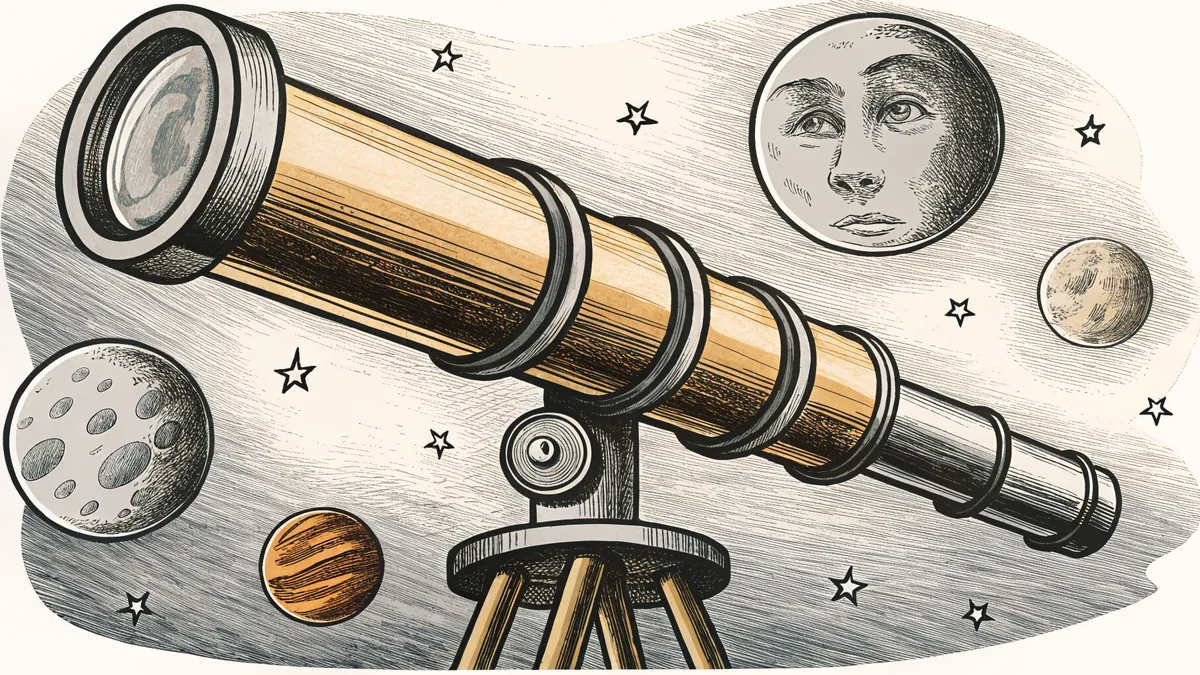 A telescope aims at a star-filled sky where the moon and planets gleam.