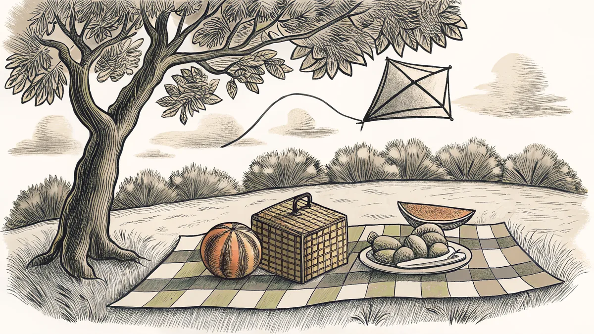 A summer picnic spreads beneath a shady tree with watermelon and a soaring kite.