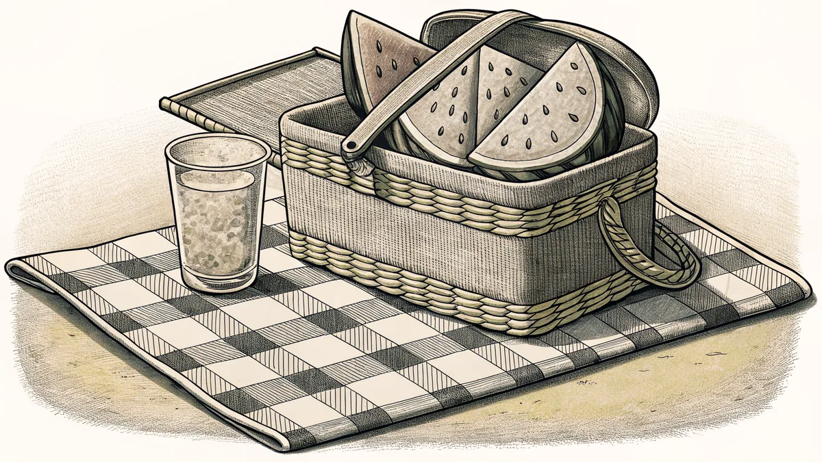 A picnic basket sits on a checkered rug beside lemonade and watermelon slices.