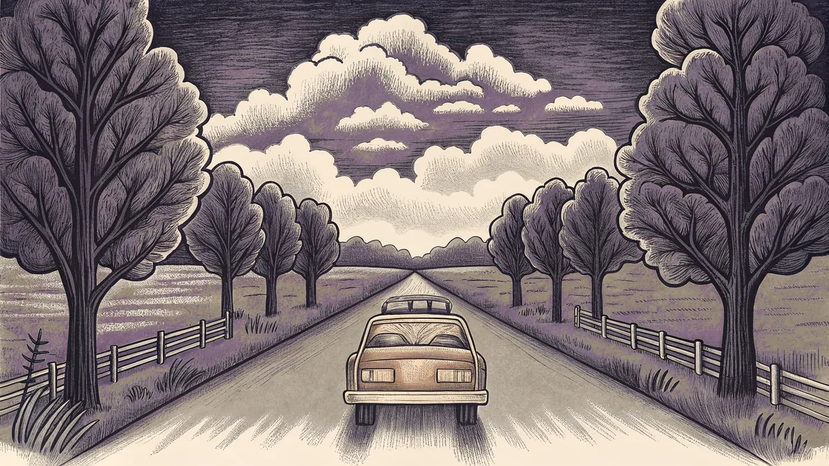 A packed car winds down a scenic highway past diners and roadside stops.