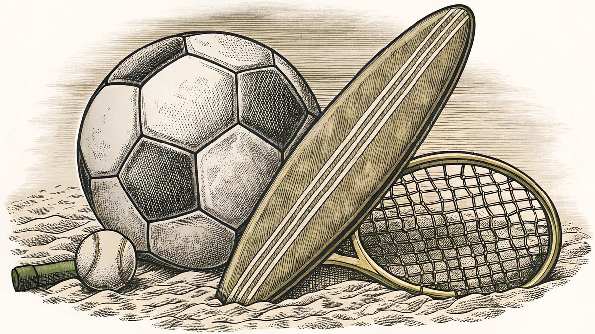 Sports equipment including a soccer ball, surfboard, and tennis racket arranged in sunlight.