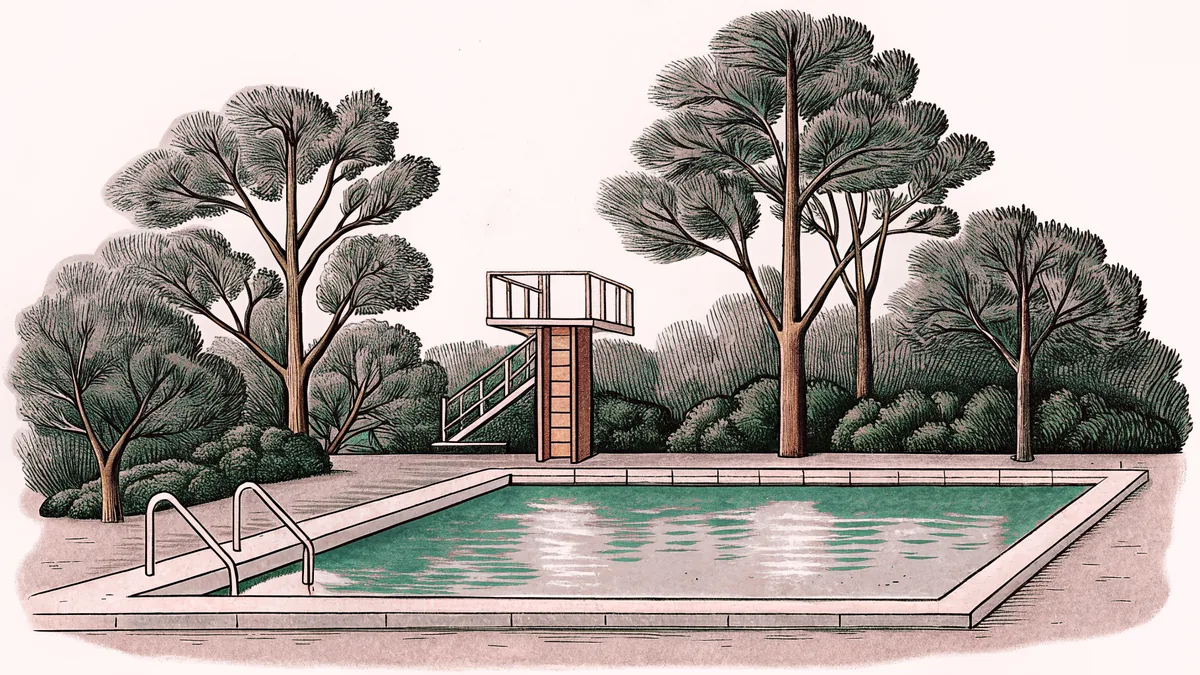 An ornate archery bow with arrows sits beside a clear swimming pool with a diving board.