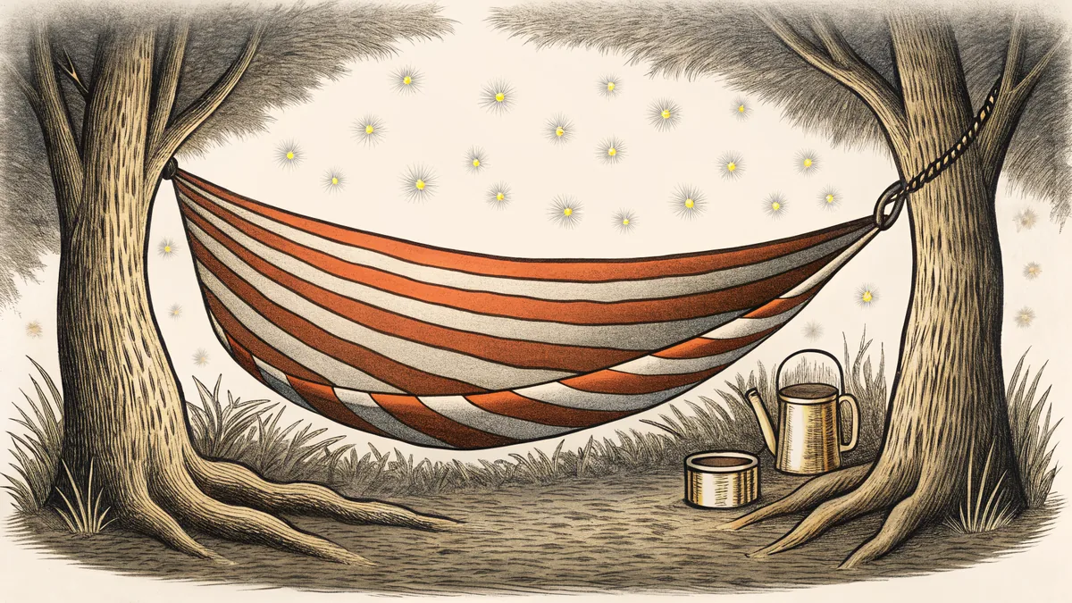 An empty striped hammock hangs between two trees beside a lemonade pitcher as fireflies drift at twilight.