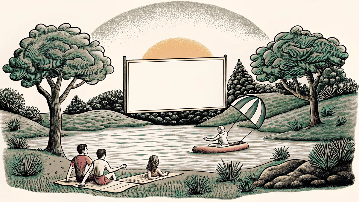 Outdoor summer scene with swimming, paddling, kites, and grilling at sunset.