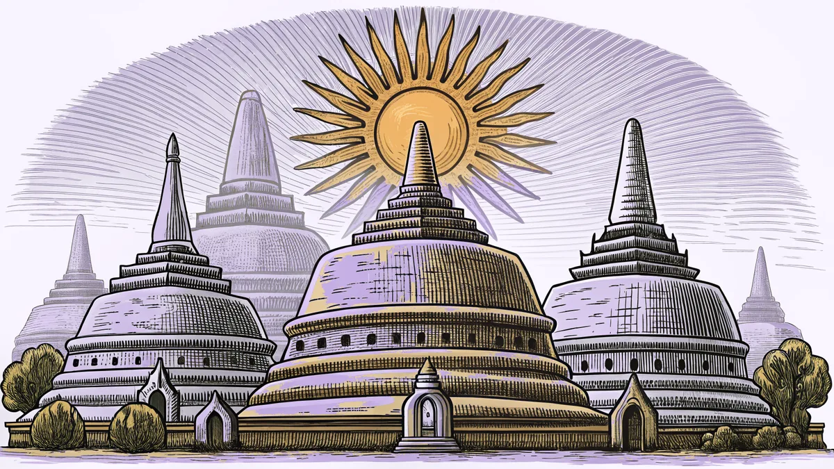 A radiant sun illuminates stone temples perched on misty mountain peaks.