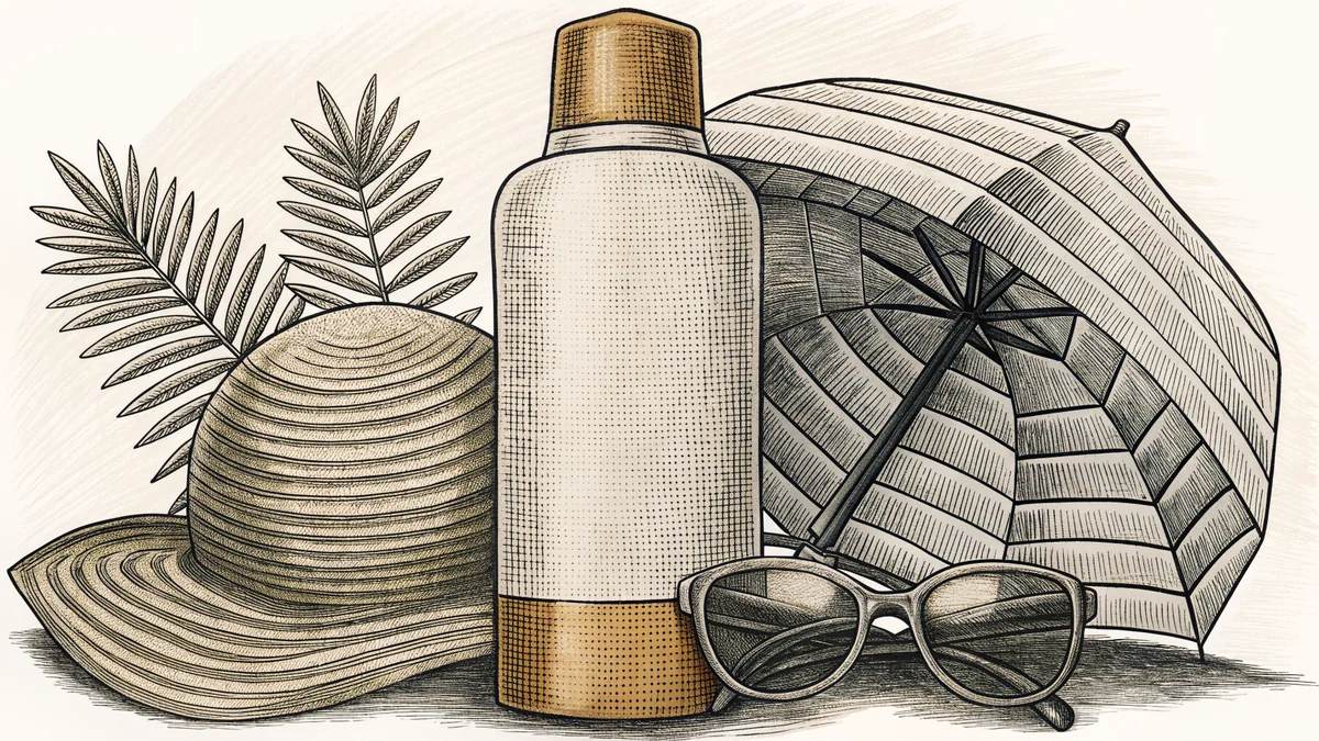 Sunscreen, a wide-brimmed hat, sunglasses, and an umbrella protect against strong rays.