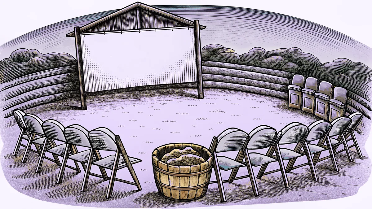 A circle of small classroom chairs facing a blank felt board, with a collection basket beside them.