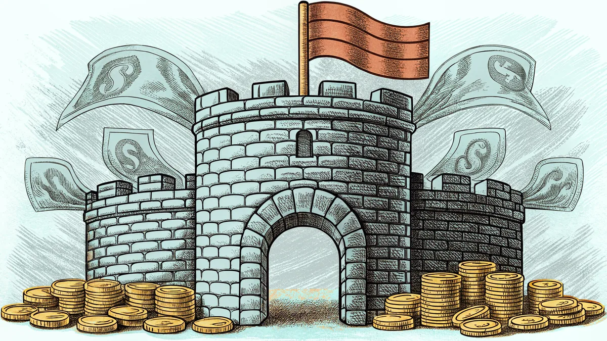 A stone castle tower and brick archway with gold coins and a striped flag.