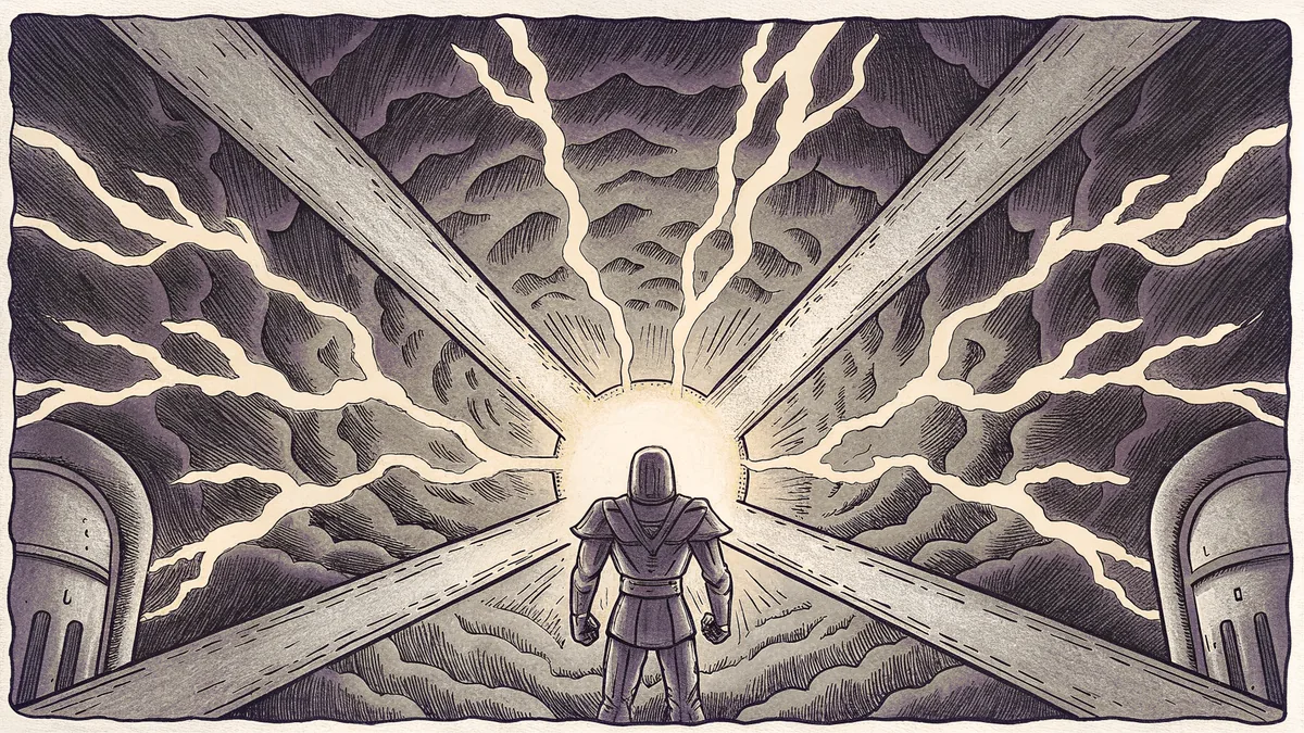 Epic superhero battle scene with futuristic technology and cosmic energy effects.