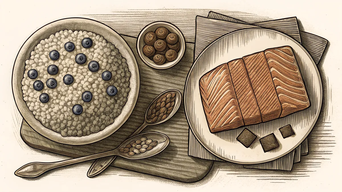 Nutrient-packed superfoods including berries, fish, and grains nourish vitality.