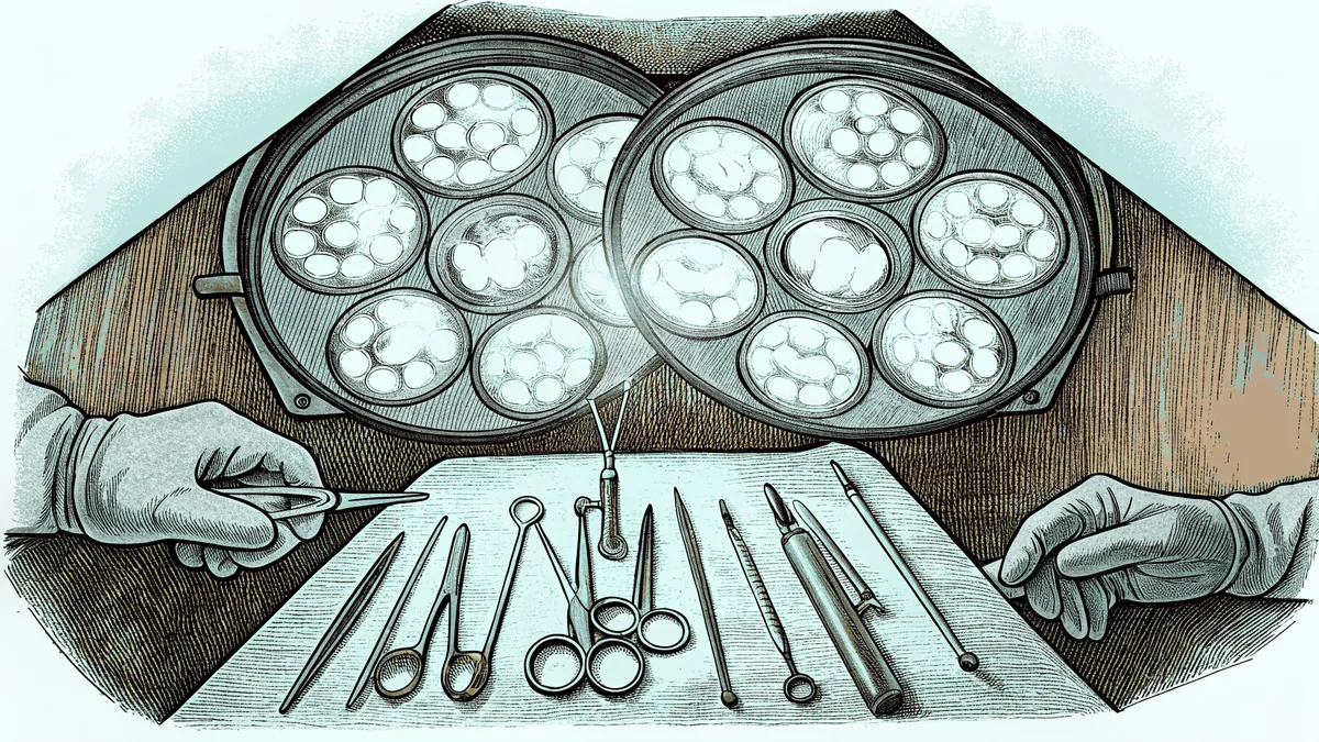 Surgical tools and steel instruments rest on a sterile table in a clinical operating theater.