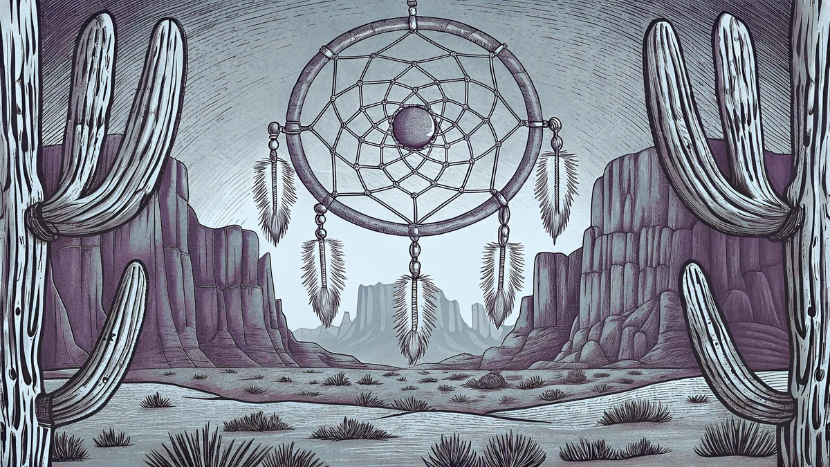 A decorative dreamcatcher frames a desert scene with coyotes, saguaros, and granite peaks