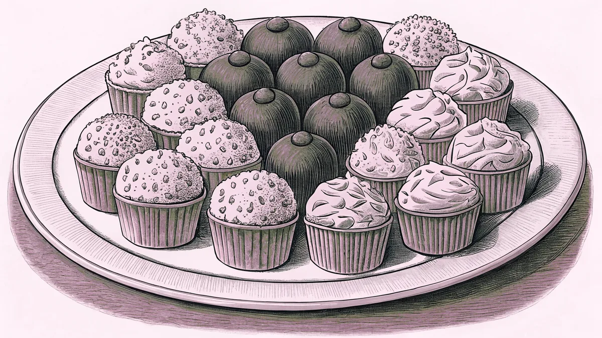 Chocolate truffles and frosted cupcakes with sprinkles sit on a pink dessert plate.
