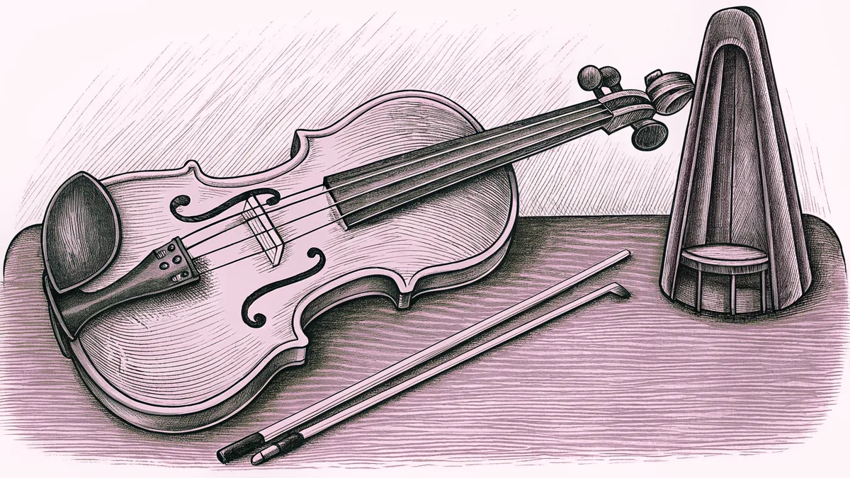 A violin with its bow rests on a surface beside a conductor's baton and a metronome.
