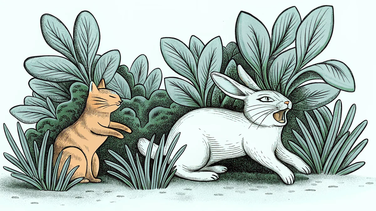 A sprinting rabbit dashes beside a tiny seedling and a sleepy yawning cat.