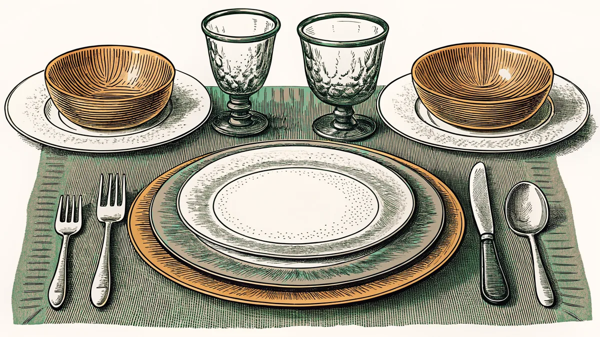 A formal table setting displays fine china and crystal elegantly.