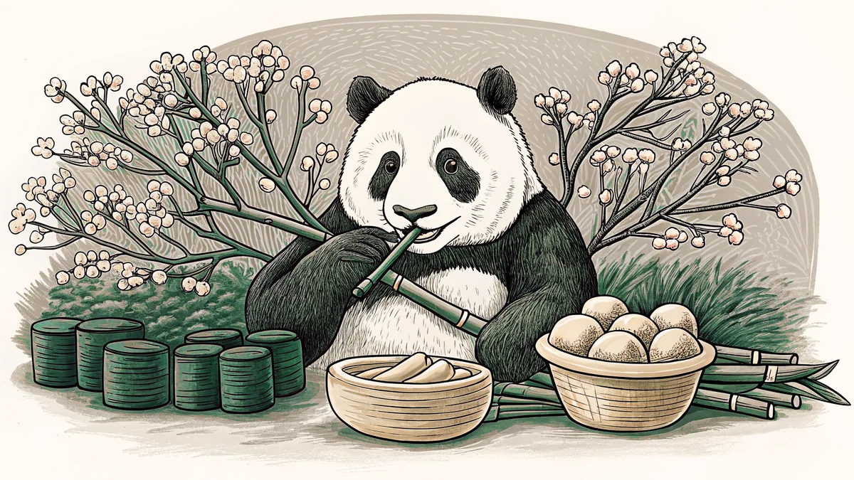 A panda sits near steaming dumplings and hot pot surrounded by fragrant plum blossoms