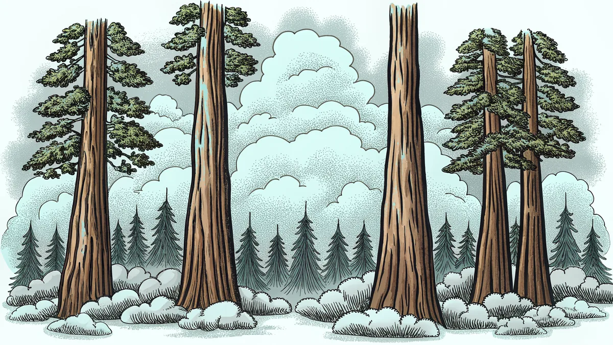 Colossal redwood trees rising through morning mist in an old-growth forest.