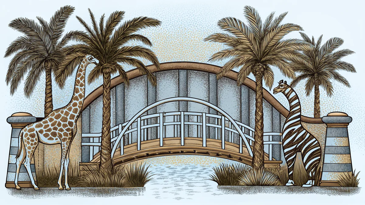 A zoological park with wild cats and lush gardens overlooks a bridge-spanned waterway