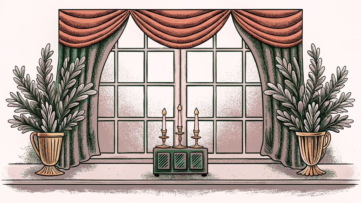 A tower silhouette and delicate music box sit among flowing fabric and candlelight.