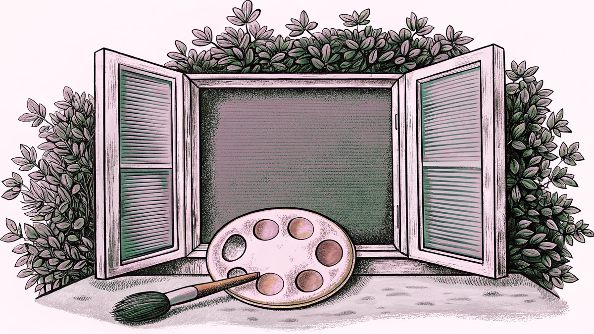 A paintbrush and palette of paints rest beside a stone ledge under an open window.
