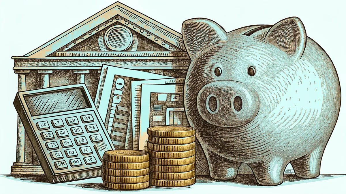 A calculator and a stack of coins sit beside a manila folder and a piggy bank.