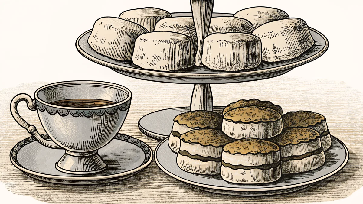 A porcelain teacup beside a tiered plate of scones.