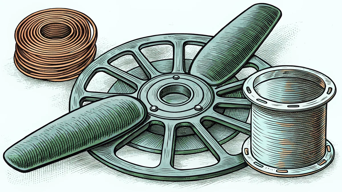 A spoked metal wheel fitted with blade-shaped arms, beside a wound spool of copper wire.