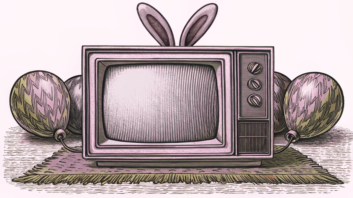 A boxy television set with rabbit-ear antennae sits beside balloons on a rug.