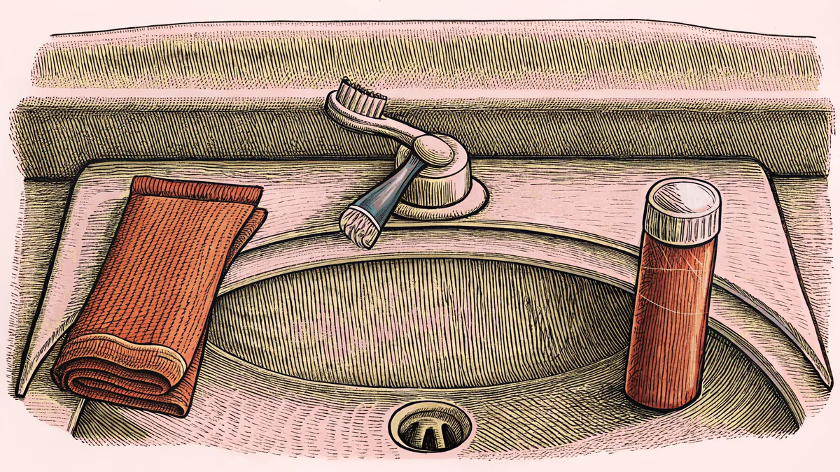 Daily dental care items arranged on a bathroom surface