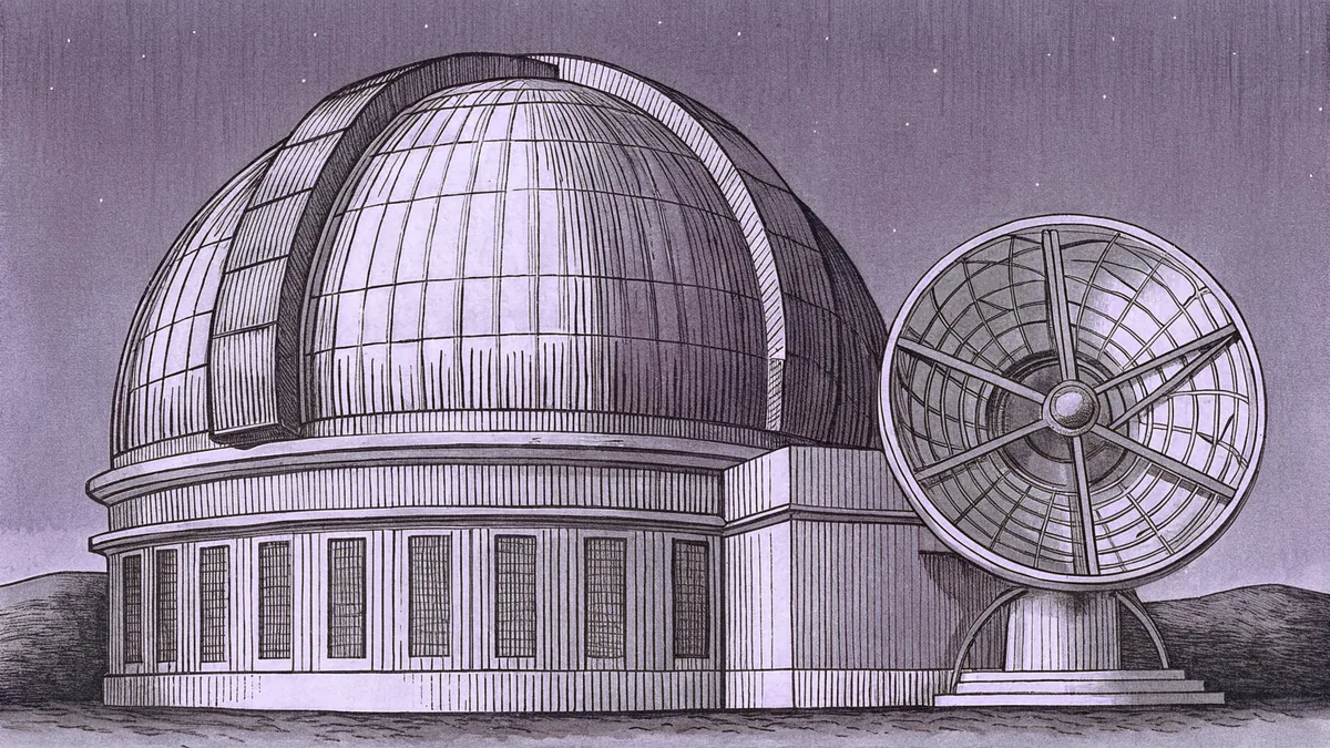 Observatory dome with reflector telescope and radio dish antenna pointing toward the night sky.