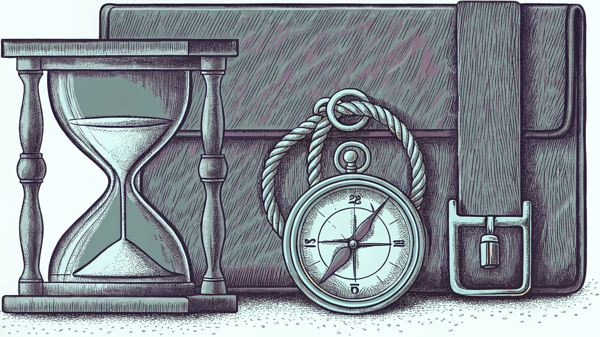 Hourglass with flowing sand beside a digital clock and measuring tools.