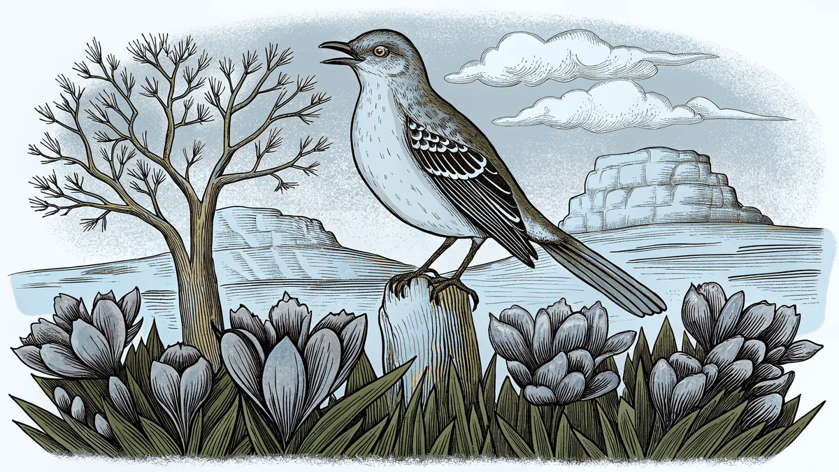 A mockingbird sings from a tulip tree above iris flowers and limestone cliffs.