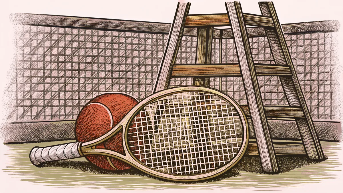 A tennis racket and ball sit on a grass court beside a tall white umpire's chair.